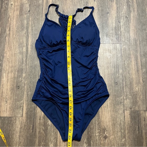 Jantzen Navy Blue Macrame Strappy Back One Piece Ruched Bathing Suit Swim M - Picture 14 of 14